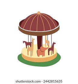 Turning carrousel in amusement park. Merry go round, roundabout. Kid's horse carousel, attraction on funfair. Outdoor entertainment, recreation. Flat isolated vector illustration on white background.