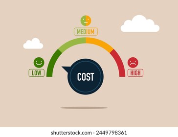 Turning cost dial to a low. Cost cutting and efficiency concept.  Vector illustration