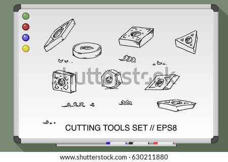Turning cutter tool set. Whiteboard hand drawn vector illustration