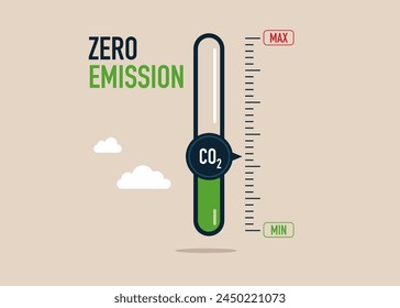 Turning gauge arrow pointer to lowest level of CO2. New energy to energy and transportation. Zero emission. Flat vector illustration