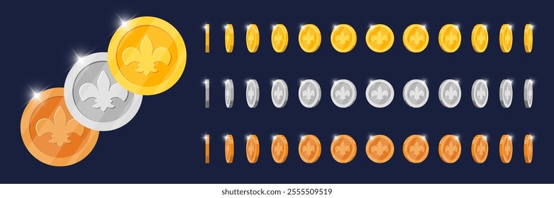 Turning gold, silver, bronze coins animated in multiple angles for gaming apps. Metallic token with regal symbol spinning dynamically. Rotating metal award icon. Flat 3D currency design in motion