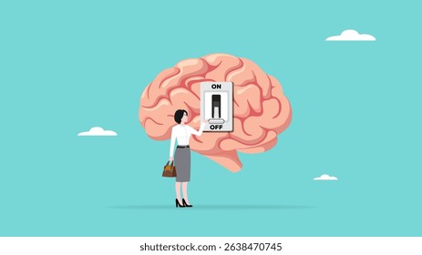 Turning off brain to relieve stress or problems, relaxation to relieve anxiety from your brain, Reduce stress concept, stress management, woman turning off the switch in the human brain concept