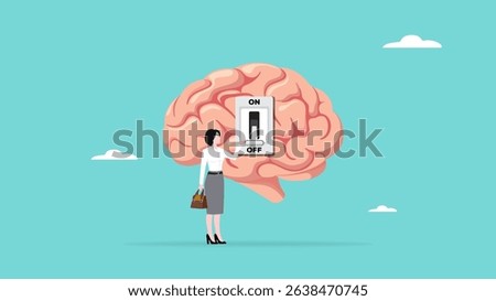 Turning off brain to relieve stress or problems, relaxation to relieve anxiety from your brain, Reduce stress concept, stress management, woman turning off the switch in the human brain concept