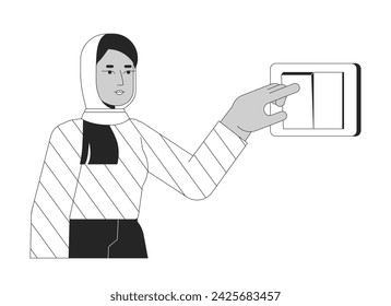 Turning off light black and white cartoon flat illustration. Muslim hijab female 2D lineart character isolated. Reduce electricity usage. Saving energy at home monochrome scene vector outline image