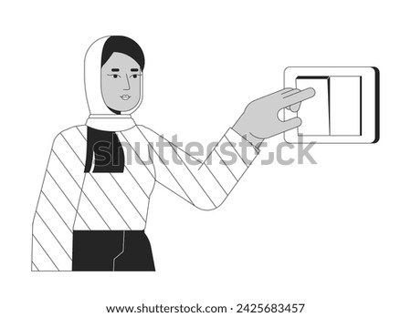 Turning off light black and white cartoon flat illustration. Muslim hijab female 2D lineart character isolated. Reduce electricity usage. Saving energy at home monochrome scene vector outline image