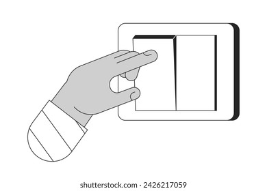 Turning off light on wall switch cartoon human hand outline illustration. Energy saving 2D isolated black and white vector image. Electricity switching finger flat monochromatic drawing clip art