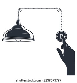 Turning off the lights, lampshade and electric switch, switch off a lamp, energy saving and efficiency, vector