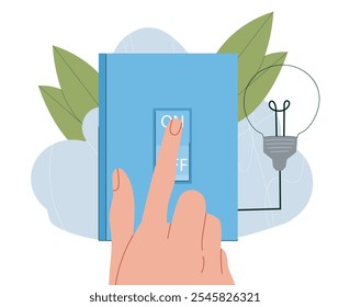 Apagando las luces. La persona apaga las luces en la oficina o apartamento. Cuidar el medio ambiente, ahorrar electricidad. Empuje de la mano en el interruptor. Ilustración vectorial plana aislada sobre fondo blanco