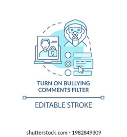 Turning on bullying comments filter concept icon. Cyberbullying prevention idea thin line illustration. Hiding harassing messages. Vector isolated outline RGB color drawing. Editable stroke