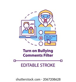 Turning on bullying comments filter concept icon. Cyberbullying prevention idea thin line illustration. Anti-bullying option on social media. Vector isolated outline RGB color drawing. Editable stroke