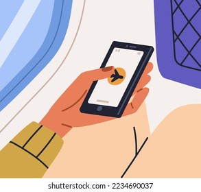 Turning on and off airplane flight mode of mobile phone for safety in air plane. Passengers hand using smartphone onboard, in aircraft during taking off and landing. Flat vector illustration