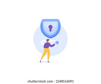 turning on the security and protection system. using VPN or Virtual Private Network. a user swipes or presses a button. Activate antivirus software or shields. illustration concept design. vector elem