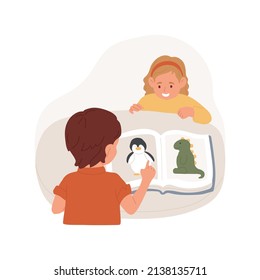 Turning pages of picture book isolated cartoon vector illustration. Child looking at pictures in book, learning and mental skills, toddler literacy development, early education vector cartoon.