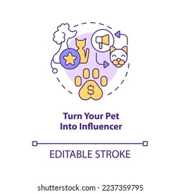 Turning pet into influencer concept icon. Business home based startup for women abstract idea thin line illustration. Isolated outline drawing. Editable stroke. Arial, Myriad Pro-Bold fonts used