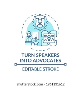 Turning Speakers Into Advocates Concept Icon. VE Marketing Tip Idea Thin Line Illustration. Expanding Engagement. Virtual Conference. Vector Isolated Outline RGB Color Drawing. Editable Stroke