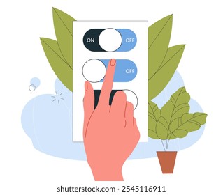 Encender y apagar los interruptores. Mano enciende y apaga las luces en la oficina. Diseño de UI y UX para aplicaciones móviles. Varias opciones. Ilustración vectorial plana aislada sobre fondo blanco