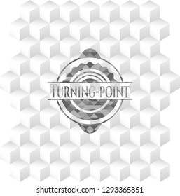 Turning-point grey badge with geometric cube white background