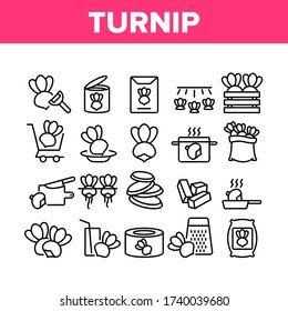Turnip Agricultural Vegetable Icons Set Vector. Boiled And Fried Turnip, Cut Desk And Knife, Cart And Box, Grater And Bag Concept Linear Pictograms. Monochrome Contour Illustrations