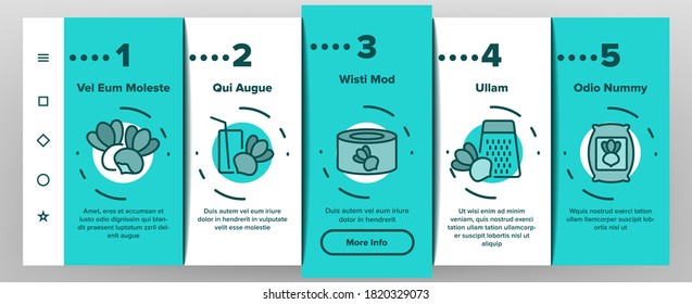 Turnip Agricultural Vegetable Onboarding Mobile App Page Screen Vector. Boiled And Fried Turnip, Cut Desk And Knife, Cart And Box, Grater And Bag Illustrations