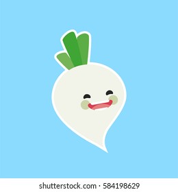 turnip (Brassica rapa) with cute face. Illustration funny and healthy food cartoon. Blue background
