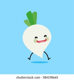 turnip (Brassica rapa) with cute face. Illustration funny and healthy food cartoon. Blue background
