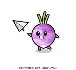 turnip cartoon character throwing paper airplane , cute style design for t shirt, sticker, logo element
