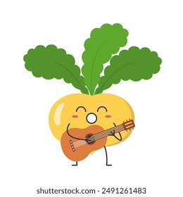 Turnip character cartoon plays the guitar sings joy cute smile face vegetable beautiful vector illustration.