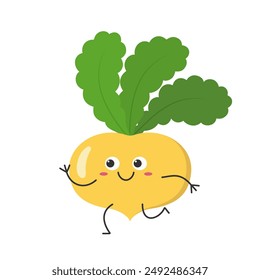 Turnip character cartoon run joy cute smile face vegetable beautiful vector illustration.