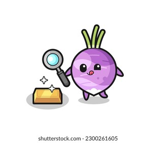 el personaje de turnip está comprobando la autenticidad del lingote de oro , diseño de estilo lindo para camiseta, pegatina, elemento logo
