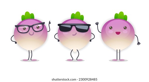 Turnip Character with Various Face Expressions. Vector illustration set of funny and cute cartoon vegetables isolated on white background. Mascot collection.