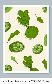 Turnip Contour Poster. Minimalist Cream Color Sliced and pieces Vegetables with green leaves