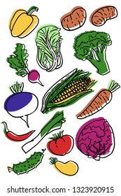 Turnip, corn, bok choy, broccoli, red cabbage, leek. Set of hand drawn colored vegetables. Isolated on white background and grouped for easy selection. Design elements, stickers or poster.