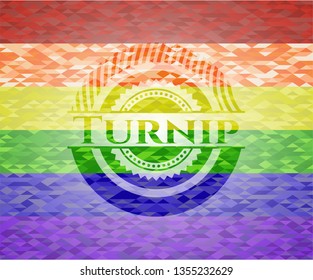Turnip emblem on mosaic background with the colors of the LGBT flag