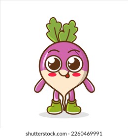 turnip flat design vector illustration. Adorable cartoon radish and cheerful turnip friendly character. Vector illustration. kawaii vegetable mascot for vegetarian, happy turnip cute mascot character