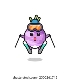 personaje de mascota turnip como jugador de esquí, diseño de estilo lindo para camiseta, pegatina, elemento logo