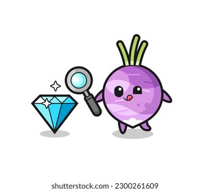 la mascota turnip está revisando la autenticidad de un diamante , diseño de estilo lindo para camiseta, pegatina, elemento logo