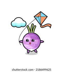 turnip mascot illustration is playing kite , cute style design for t shirt, sticker, logo element