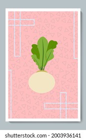 Turnip Poster. Minimalist Cream Color Vegetables with Geometric shapes, Triangles Texture and Pink Background.