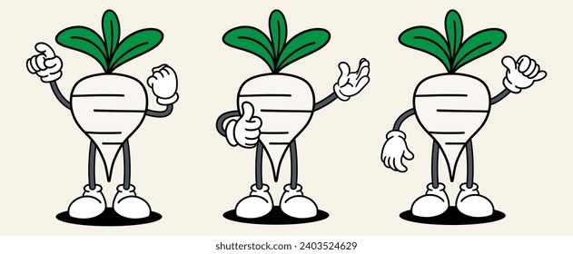 Turnip set mascot of 70s groovy. Collection of cartoon,retro, groovy characters. Vector illustration.