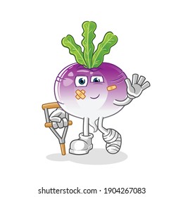 turnip sick with limping stick character. cartoon mascot vector