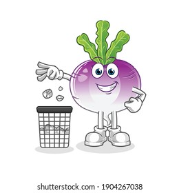 turnip Throw garbage in trash can mascot. cartoon vector