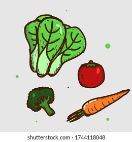 Ilustración de tornip, tomatoe, brócoli y zanahoria vectorial. Verdura. Estilo de caricatura plano