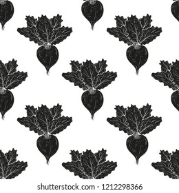 Turnip. Vegetable. Root leaves. Background, wallpaper, seamless, texture. Black silhouette on white background.