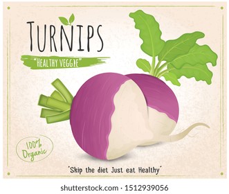 Turnip Vegetable vector illustration with green leaves isolated on light brown background
