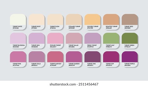 Paleta de cores de nabos, Paleta de guia de cores de nabos roxo com nomes de cores. Catálogo Amostras de cores roxas com códigos RGB HEX. plástico, pintura, natural Cor roxa, Moda Tendência Turnips Cor tons