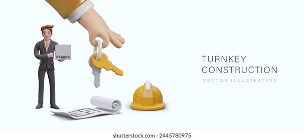 Turnkey construction. 3D drawing, construction helmet, man, hand giving keys