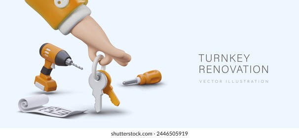 Turnkey renovation. Realistic tools, drawing, hand holding bunch of keys
