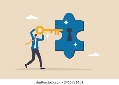 Turnkey solution complete ready to use product, open opportunity to solve customer problem, unlock potential to success, software or platform concept, businessman turn key into jigsaw puzzle keyhole.