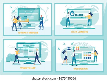 Turnkey Website, Data Loading, Map, Web Design Flat Cartoon Banners Vector Illustration. Private Access, Login and Password. Downloading Information. People Choosing Shade or Color.