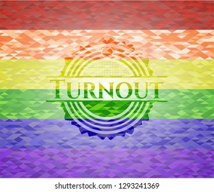 Turnout emblem on mosaic background with the colors of the LGBT flag